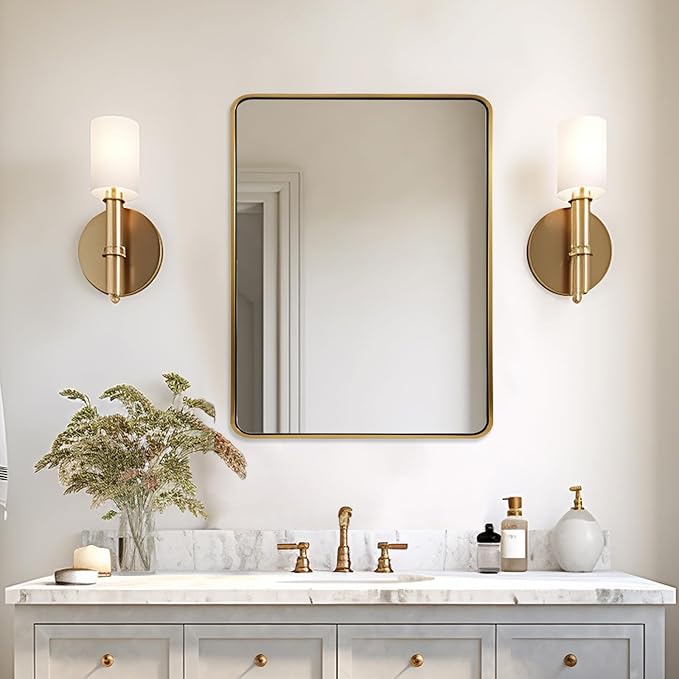 ANDY STAR 28x36 INCH Gold Mirror Bathroom, Brushed Gold Mirrors for Wall in Anti-Rust SUS304 Tube Metal Frame, Rounded Rectangle Mirrors 1’’ Deep Wall Mounted Vertically/Horizontal for Bathroom