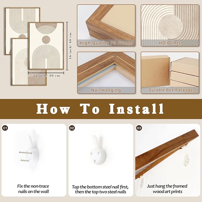 BINCUE Neutral Abstract Wall Art Boho Geometric Wall Decor Mid Century Modern Artwork for Living Room Bedroom Office 12" Lx16 W Set of 3