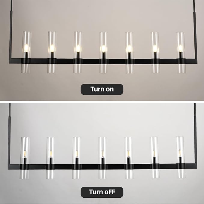 Modern Black Linear Chandelier 59 in,Linear Chandeliers for Dining Room 7 Light, Adjustable Rod Glass Linear Chandelier Over Dining Table, Kitchen Island, Includes Bulbs