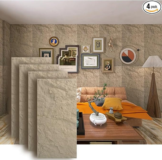 4-Pack 3D PU Stone Wall Panels for Interior Decor | Faux Stone Accent Tiles, Stone Yellow, 47.24"x23.62"x1.18" | Waterproof & Lightweight 3D Wall Design