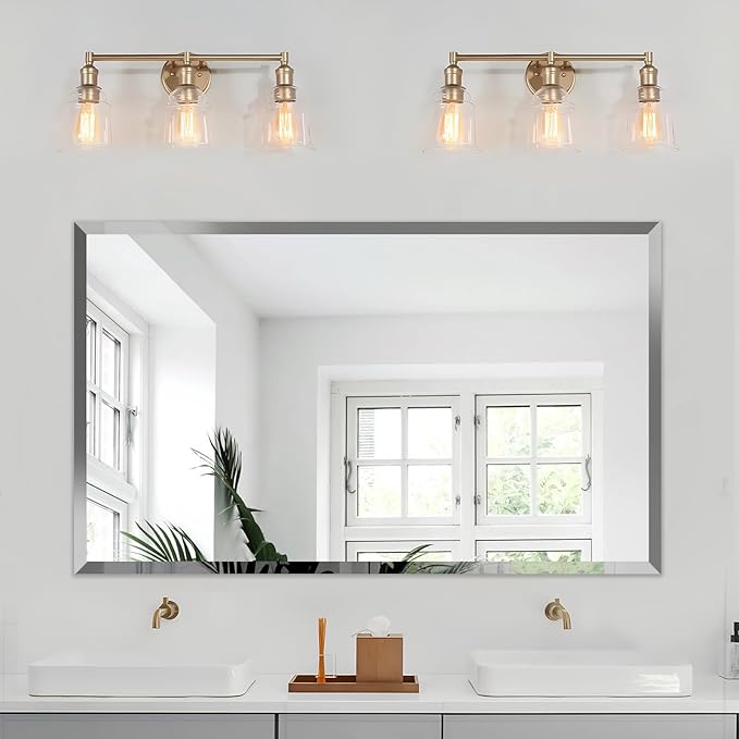 24x40 Inch Bathroom Mirror Frameless Beveled Edge Rectangle Wall Mirror Explosion Proof and Shatterproof Bathroom Vanity Mirror Wall Mounted Hang Firmly (Horizontal or Vertical)