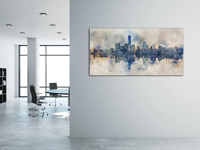 New York City Canvas Wall Art Navy Blue Pictures Abstract Paining City Reflection in Water Canvas Painting Modern City Skyline Canvas Prints Artwork for Living Room Bedroom Office Wall Decor 20" x 40"