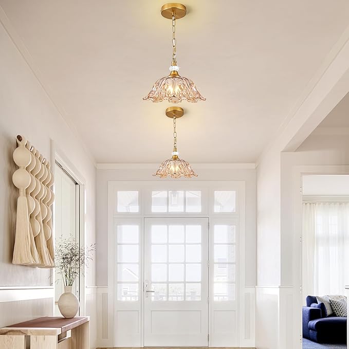 1 Piece Vintage Chandelier Light Fixture with Amber Glass Shade,Matte Antique Brass Finish Pendant Light,Hanging Light for Dining Room,Hallway,Living Room,Bedroom