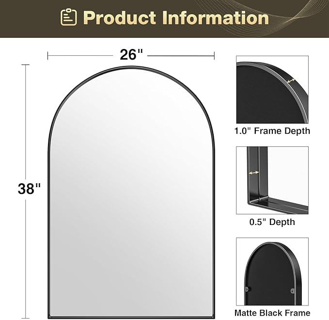 Brightify Arched Mirror, 26 x 38 Inch Black Arch Wall Mirror, Metal Frame Black Bathroom Mirror, Arched Top Bathroom Vanity Mirror for Living Room Bedroom Mantel Entryway