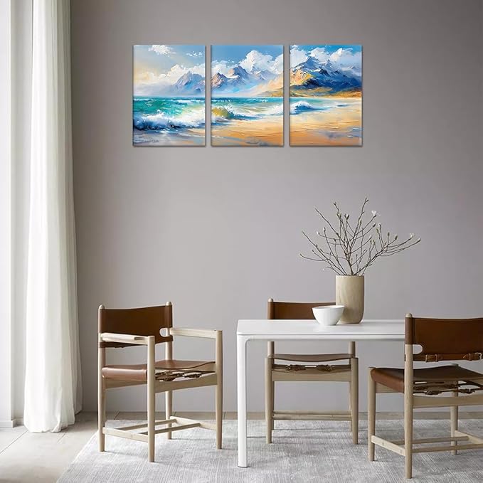 MAMAGO Ocean Beach Wall Decor 3 Pieces Modern Natural Seascape Canvas Print Oil Painting Coastal Aesthetic Artwork for Apartment Dormitory Nursery Wall Art Framed Easy to Hang-20”x28”x3pcs