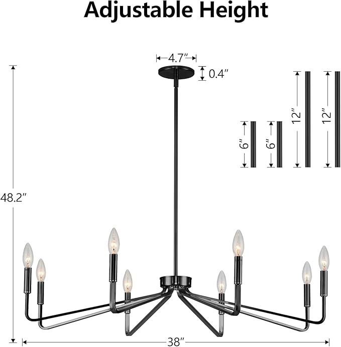 38" Black Chandeliers for Dining Room, 8-Light Modern Farmhouse Candle Style Chandelier, Industrial Hanging Ceiling Light Fixture for Living Room, Kitchen Island, Living Room