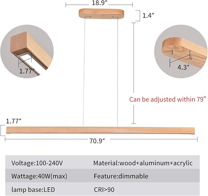 71" 40W Wood Linear Pendant Light Fixture Led Dining Room Light Dimmable Hanging Light Fixture for Kitchen Island Dining Room Pool Table Lights Natural