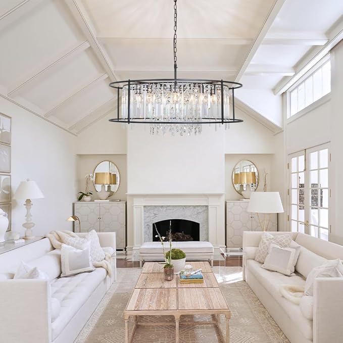 Modern Black Crystal Chandelier, Round Industrial Farmhouse Pendant Light Fixture for Dining Room, Kitchen Island, Living Room, Bedroom, Entryway Lighting