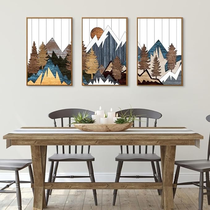 CHDITB Mountain Framed Canvas Wall Art Set of 3, 24"x36" Country Woodcut Style Wall Decor, Forest Nature Wilderness Wall Painting, Large Modern Art Prints for Living Room, Bedroom, Farmhouse, Office