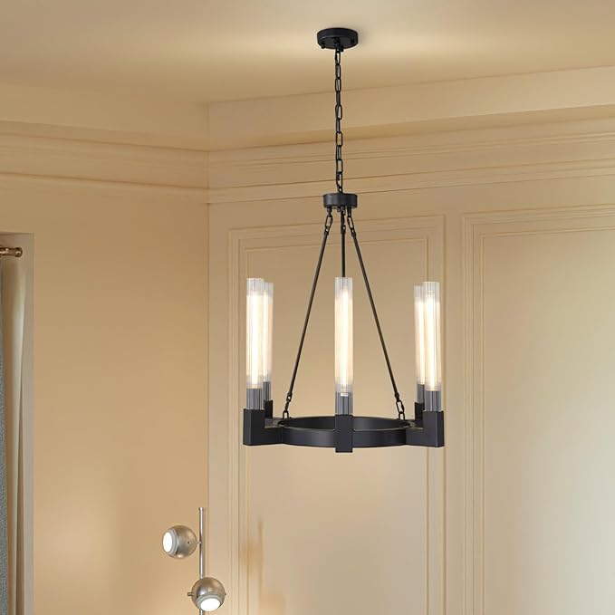 Black Farmhouse Wagon Wheel Chandelier with Glass Tube, 23.6 Inch Large Round 6-Light Luxurious Chandelier Fixture Ceiling Pendant Lighting for Living Room, Dining Room, Bedroom, Foyer