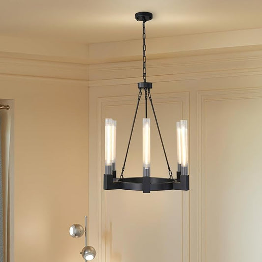 Black Farmhouse Wagon Wheel Chandelier with Glass Tube, 23.6 Inch Large Round 6-Light Luxurious Chandelier Fixture Ceiling Pendant Lighting for Living Room, Dining Room, Bedroom, Foyer