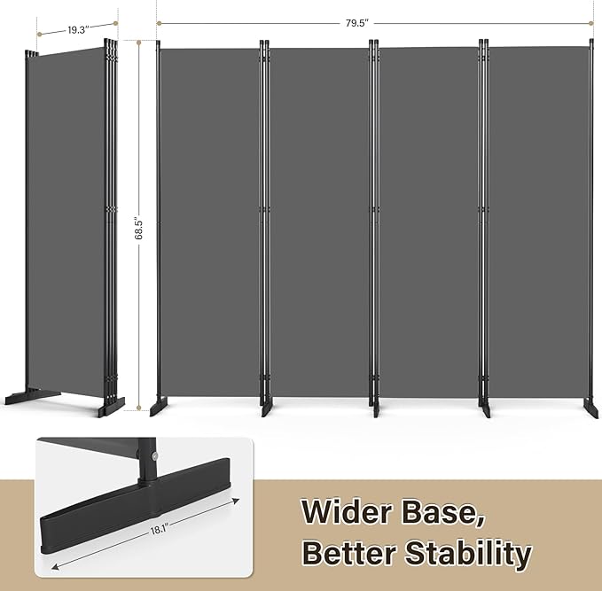 AKTOP Room Divider 4 Panel, 80" W Portable Wall Divider for Room Separation, Freestanding Partition Room Dividers, Folding Room Separators Privacy Screens for Home Office Bedroom, Grey
