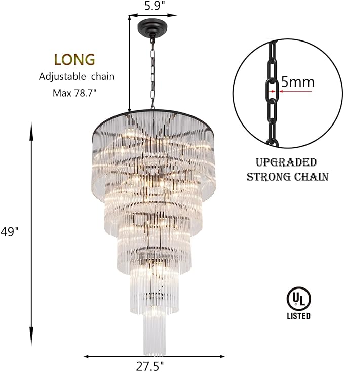 Large Black Chandeliers for High Ceilings H49 5-Tier Glass Chandelier Light Fixture for Foyer Dining Room Extra Long Modern Tiered Chandelier for Living Room Entranc Stairway Villa