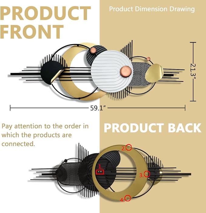 Metal Wall Art, Black and White Gold Wall Sculptures, Minimalist Geometric Decor, 3D Large 59"*21” Wall Art for Living Room Bedroom Bathroom Study Modern Wall Decor, Home Hanging Wall Sculpture