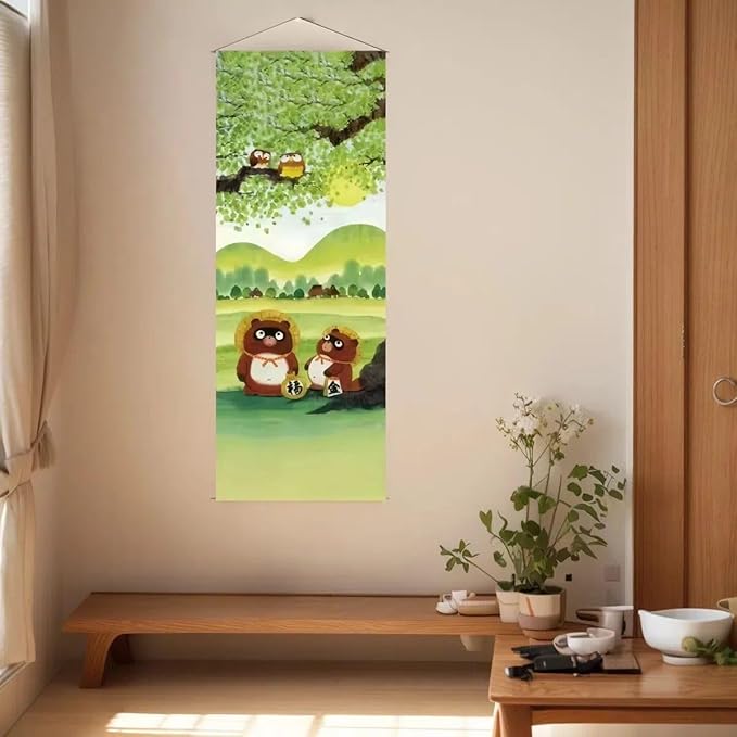 Japanese Tapestry Wall Art - Good Fortune Feng Shui & Lucky Symbols | W15.7xH47.2", Extra Long Vertical Hanging Decor for Bedroom, Living Room, Office | Washable Fabric (Lucky Raccoon) CTT-135