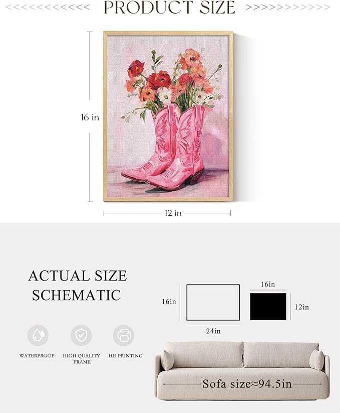 ARPEOTCY Small Framed Canvas Wall Art, 12x16in, Vintage Pink Cowgirl Boots Art, Trendy Western Wall Decor for Bedroom Coastal Room, College Girls Dorm Decor aesthetic