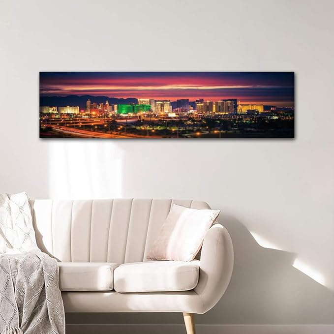 Black and White Wall Art - Las Vegas Skyline Painting on Canvas - Living Room & Bedroom Wall Decor - Modern Artwork - Framed - Ready to Hang - 12x46 Inch