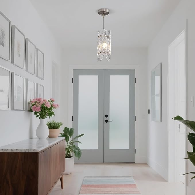 Modern Brushed Nickel Crystal Pendant Light for Kitchen Island, Luxury Mini Water Ripple Glass Chandelier Fixture, Square Adjustable Hanging Pendant Lighting for Dining Room Bedroom Hallway (1-Pack)