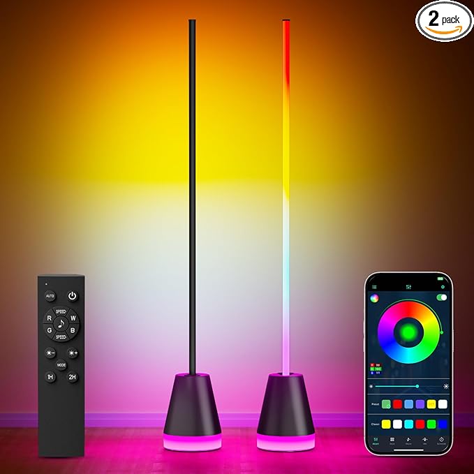 Keepsmile Smart RGB LED Corner Floor Lamp,Bright Tall Standing Lamps with APP and Remote,Modern Floor Lamp with Music Sync and 16 Million Colors, Ambient Lighting for Living Room Matte Black 2 Pack