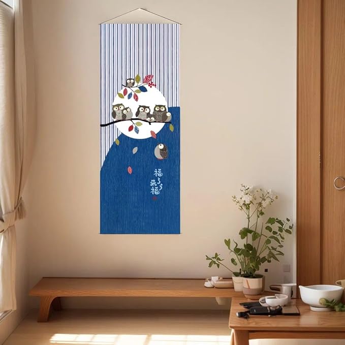 Japanese Tapestry Wall Art Scroll - Feng Shui & Lucky Symbols | W15.7xH47.2", Extra Long Vertical Hanging Decor for Bedroom, Living Room, Office | (Owl) CTT-128