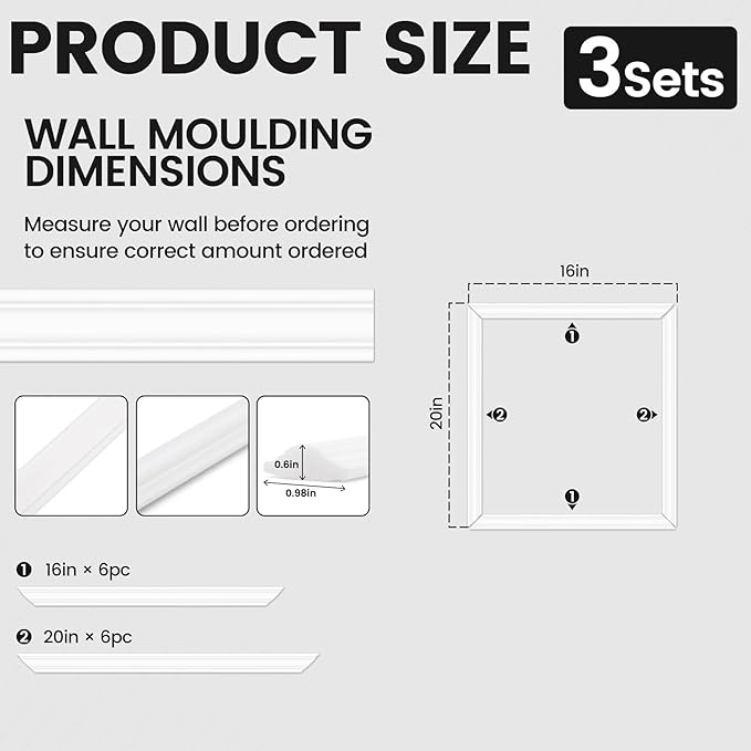 3 Sets Peel and Stick Wall Molding Kit, 16''x20'' Premade Wainscoting Accent Panels for Interior Wall Trim, Easy DIY Moulding Decor