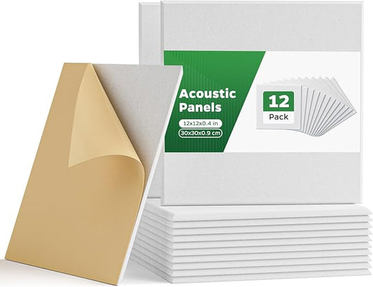 Acoustic Panels for Walls, Door, Ceiling, 12 Pack Square Self-Adhesive Peel & Stick Sound Absorbing Panels, 12" x 12" x 0.4" Decorative Acoustic Tiles for Home Office, Studio, Game Room, Pared, White