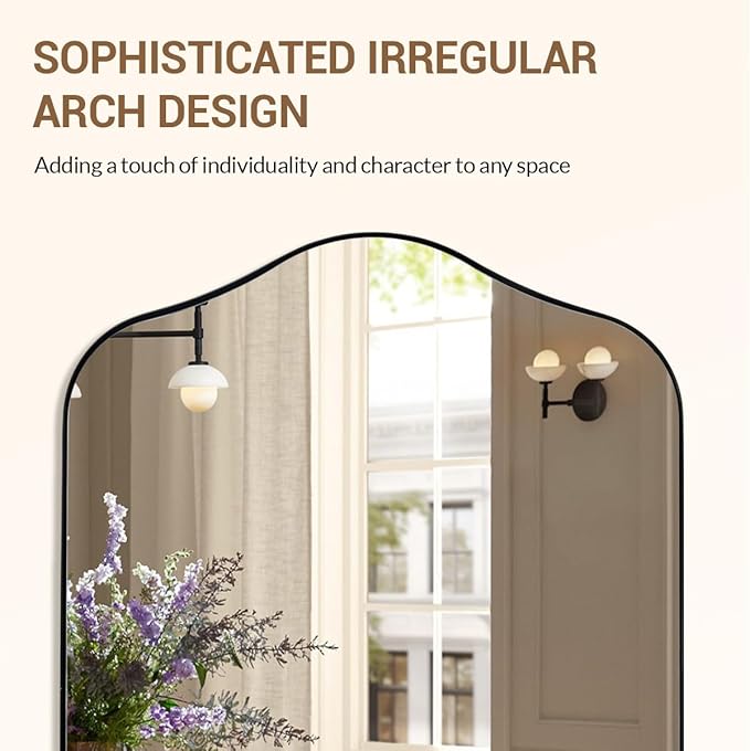 ANDY STAR Scalloped Arched Mirror, 22x35 Matte Black Irregular Wall Mirror for Bathroom Vanity with Metal Frame for Living Room, Entryway, Fireplace, Mantel, with Stainless Steel Frame