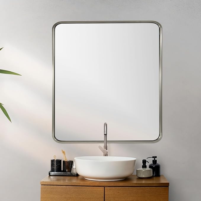 ANDY STAR 40x36 Inch Brushed Nickel Bathroom Mirror, Rounded Rectangle Bathroom Vanity Mirrors for Wall, Anti-Rust SUS304, Seamless Tube Metal Frame, 1’’ Deep Wall Mounted Vertically/Horizontal