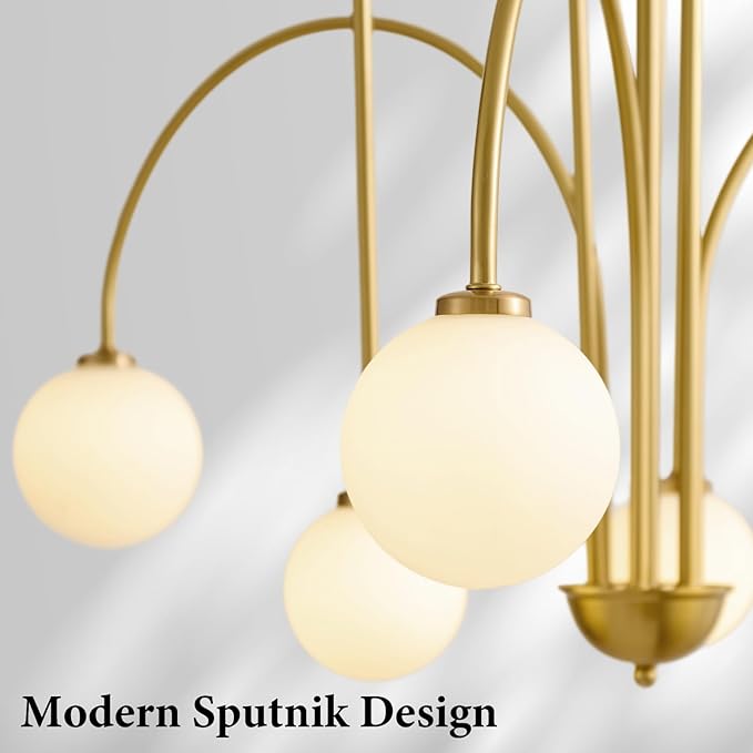 Mid Century Modern Sputnik Chandelier: 6-Light Globe Gold Chandeliers for Living Room - 40" White Glass Ball Dining Room Light Fixture - Large Pendant Lights for Kitchen High Ceiling Foyer Entryway