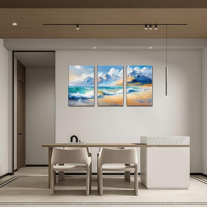 MAMAGO Large Modern Beach Wall Art 3 Pieces Blue Sea Canvas Print Poster Abstract Coastal Ocean Waves Painting for Bedroom Office Framed Wall Decor Ready to Hang-24”x36”x3pcs