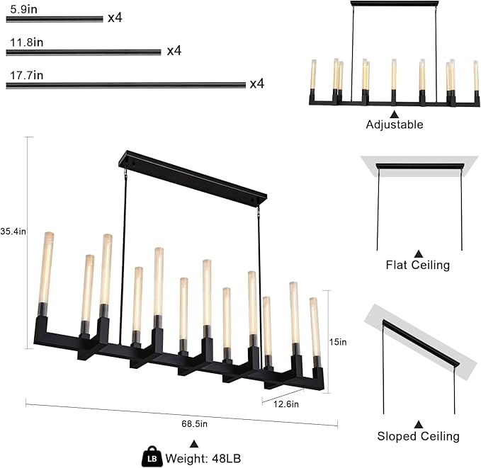 68-Inch 12-Light Black Modern Chandelier with Knurled Glass Tube Shades, Rectangular Luxury Ceiling Pendant Light Fixture for Dining Room, Living Room, or Foyer.