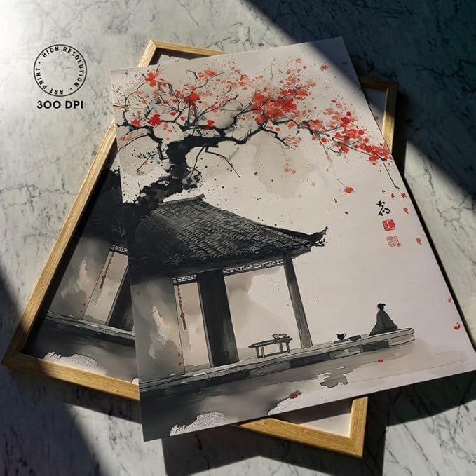 Japanese Ink Wash Painting Poster, Zen Wall Art Print with Red Blossoms, Traditional Asian Landscape Artwork, Japandi Minimalist Home Decor for Gallery or Living Room (Unframed) (12x18)