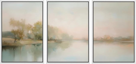 MUDECOR Framed Wall Art Print Set Soft Pastel Landscape Serene Waters and Reflections Illustrations Modern Art Boho Decorative Colorful Chic for Living Room, Bedroom, Office - 16"x24"x3 White