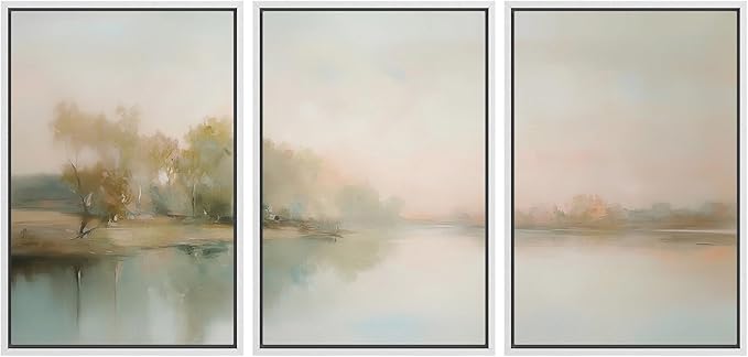 MUDECOR Framed Wall Art Print Set Soft Pastel Landscape Serene Waters and Reflections Illustrations Modern Art Boho Decorative Colorful Chic for Living Room, Bedroom, Office - 24"x36"x3 White