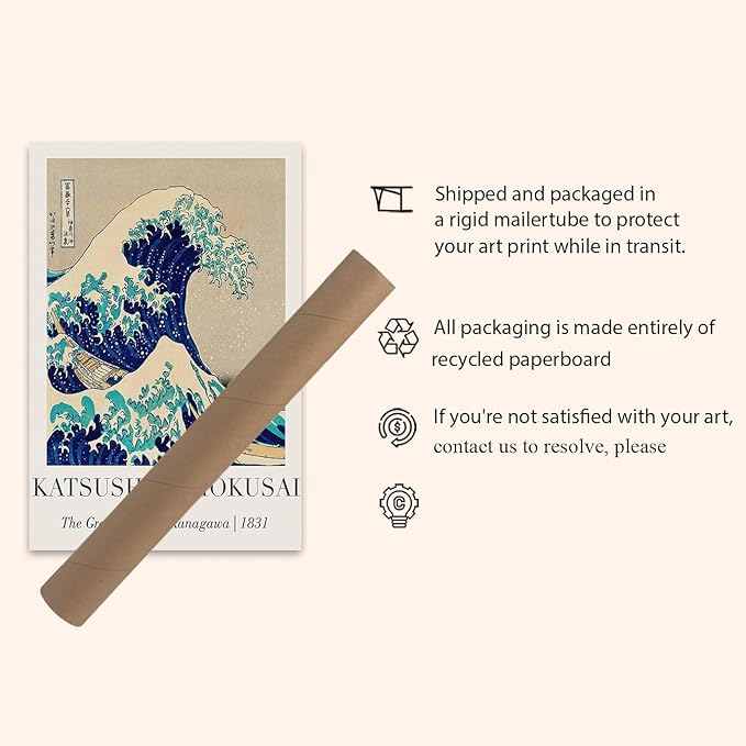 OZCONO Hokusai Great Wave Art Print, The Great Wave off Kanagawa 1831, Gallery Quality UV-Resistant, Unframed Japanese Wall Art (30L x 20W)