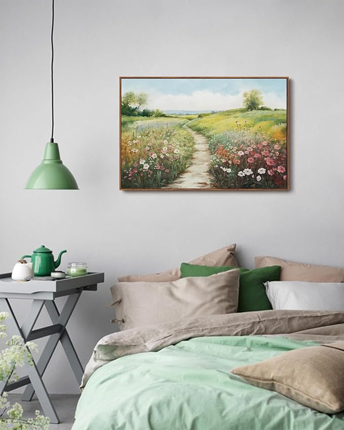 KISSFOX Vintage Framed Wall Art Decor Modern Farmhouse Spring Landscape Pictures Paintings Wall Decor Rustic Wildflower Canvas Art Prints Nature Countryside Artwork For Bedroom Kitchen Living Room