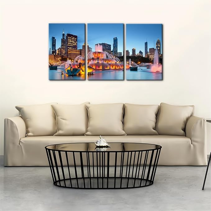 Pacimo Buckingham Fountain Canvas Wall Art Grant Park Skyline Painting Picture Wall Decor Chicago Cityscape Gallery Wrapped Posters Prints Modern Artwork for Living Room Bedroom - 16"x24"x3 Panels