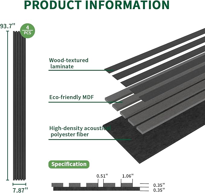 4 Panel Wood Slat Acoustic Panel 94" x8" for Sound Absorbing, Soundproof Wood Slat Panel Cover 21 Sq.Ft, 3D Fluted Sound Absorbing Paneling for Wall Decor, Living Room, Bedroom, Black Wood