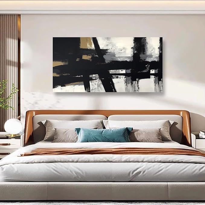Black and White Abstract Pictures Canvas Wall Art for Living room Office Bedroom Wall Decor,Abstract Wall Art Print Paintings Modern Black Yellow Artwork Waterproof Ready to Hang-28X57 inch