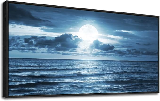 Black Framed Wall Art For Living Room Decorations Photo Prints - Blue Sea View The Moon Landscape - Modern Home Decor The Room Stretched And Framed Ready To Hang Artwork (Blue Ocean&Moon, 24x 48inch)