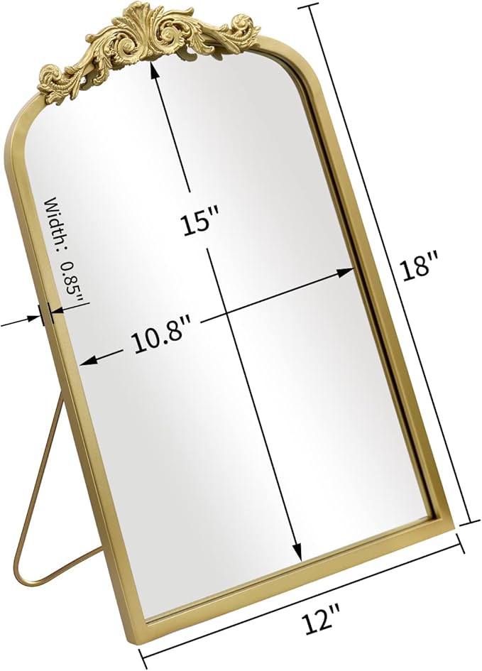AIXI HOME Vintage Gold Vanity Makeup Desk Arched Mirror 12"x18", Antique Traditional Table Mirror with Ornate Metal Frame & Bracket, Small Standing Baroque Mirror for Living Room,Bedroom,Tabletop