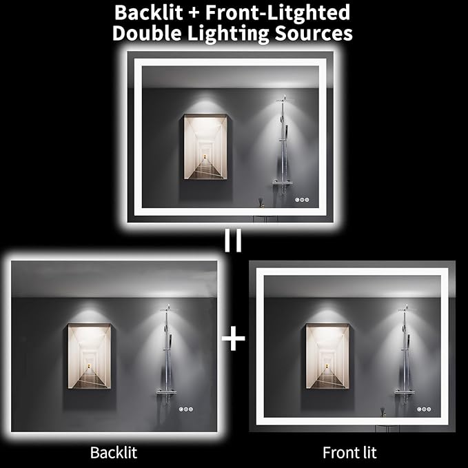 LOAAO 48"X40" LED Bathroom Mirror with Lights, Anti-Fog, Dimmable, Backlit + Front Lit, Lighted Bathroom Vanity Mirror for Wall, Memory Function, Tempered Glass, Shatter-Proof, ETL Listed