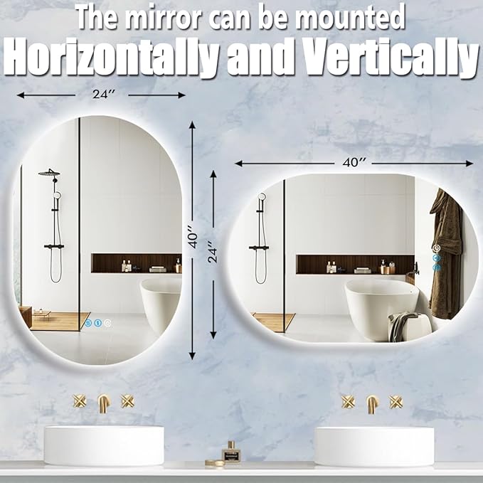 40 x 24 Inch Oval LED Backlit Mirror for Bathroom Salon Wall Horizontal/Vertical Mounted Antifog Smart Memory 3 Color 40 Inch Backlit Frameless LED Oval Lighted Vanity Mirror with Lights