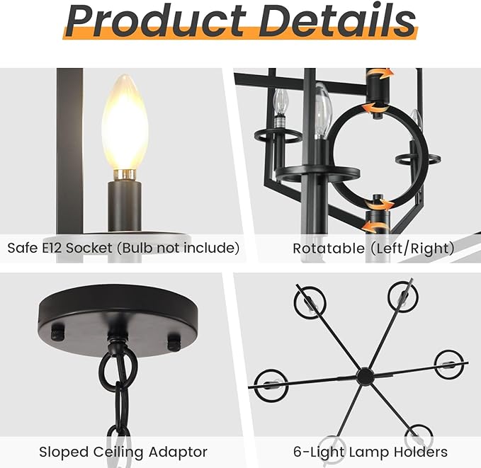 Black Chandelier, 6-Light Dining Room Light Fixtures Over Table, Farmhouse Kitchen Island Lighting, Modern Foyer Lighting Fixtures, Foyer Chandeliers for High Ceilings, for Staircase, Entryway