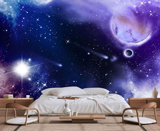 Blue and Purple Starry Sky Wallpaper, Full Moon and Stars Shining Mural, Large Wall Background Mural(Non-self-Adhesive)