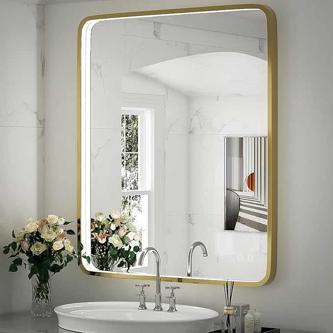 30x36 Inch LED Bathroom Mirror with Lights,Gold Metal Frame Lighted Vanity Mirror, Anti Fog Design&Dimmable&Touch Switch,Large Wall Mounted Mirror for Bathroom Decor (Horizontal&Vertical)