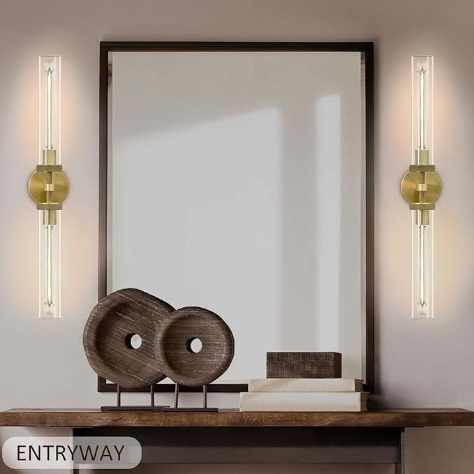 30" Bathroom Wall Sconce, Brass Wall Sconces Hardwired, Gold Wall Sconce Dimmable, Knurled Linear Sconces Wall Lighting with Glass Tube, Vanity Light for Bathroom, Living Room, Bedroom