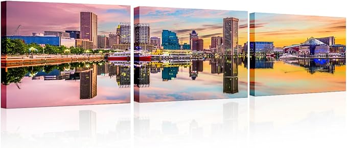 Canvas Wall Art for Living Room Baltimore Maryland Modern Home Decor USA Skyline on the Inner Harbor HD Printed Posters for Bedroom Office Wall Art Painting Bathroom Pictures Ready to Hang 12x48 Inch