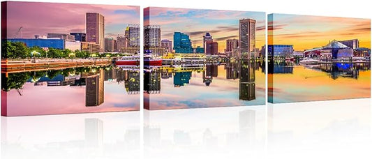 Canvas Wall Art for Living Room Baltimore Maryland Modern Home Decor USA Skyline on the Inner Harbor HD Printed Posters for Bedroom Office Wall Art Painting Bathroom Pictures Ready to Hang 12x48 Inch