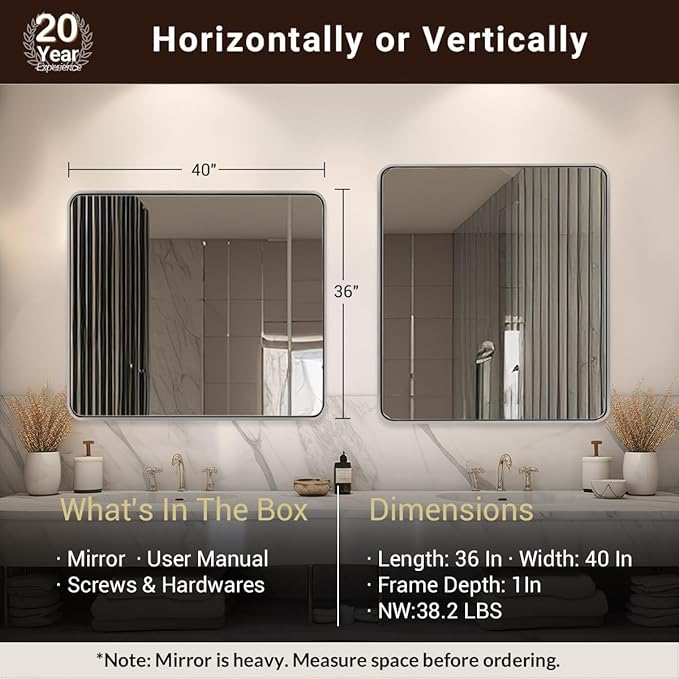 ANDY STAR 40x36 Inch Chrome Bathroom Mirror, Chrome Vanity Mirror for Wall, Rounded Rectangle Mirror, Anti-Rust SUS304, Seamless Tube Metal Frame, 1’’ Deep Wall Mounted Vertically/Horizontal